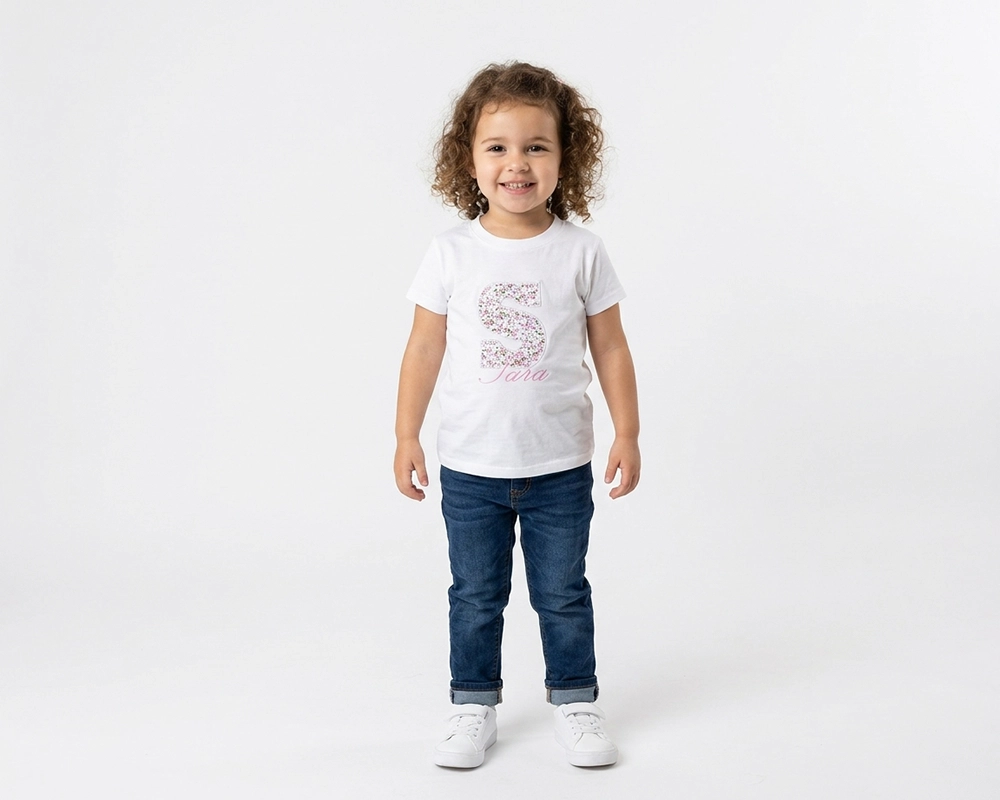 Camiseta personalizada con inicial en tela y nombre bordado. Hecho a mano por Trapitos de Nuria.